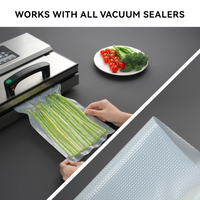 An infographic showing these bags are embossed and work with all vacuum sealers.