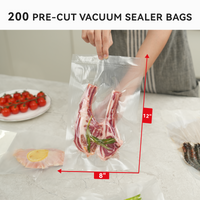 An infographic showing the bag with two lamb chops inside and the measurements of 8 inches wide and 12 inches tall. 