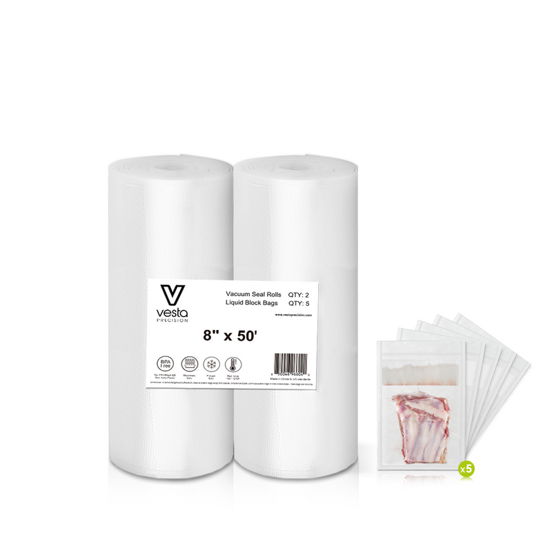 A picture of 2 embossed vacuum seal rolls, 8 inches by 50 feet each, plus 5 8x12" liquid block bags.