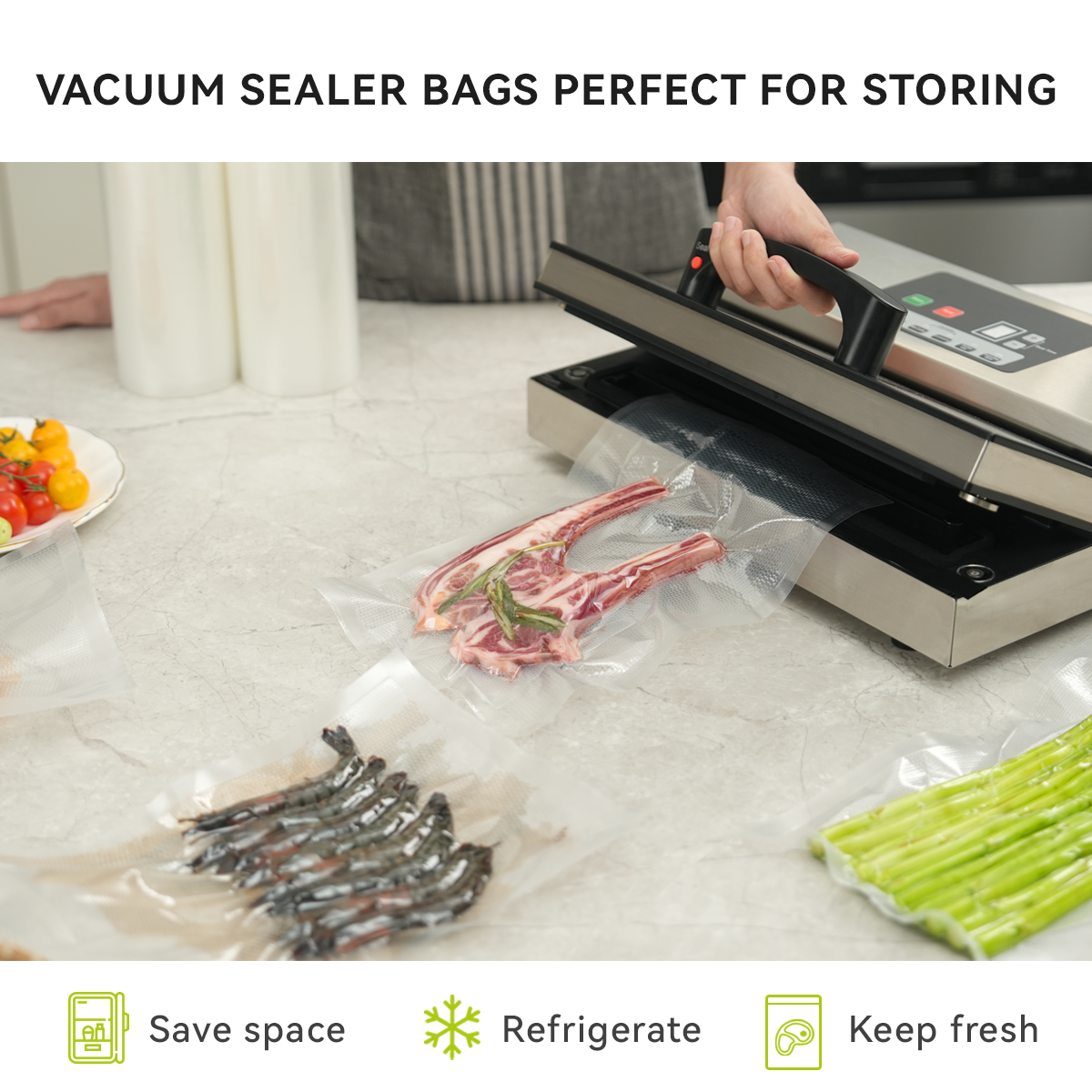 An infographic showing the bag being vacuum sealed with a suction style vacuum sealer stating these bags save space, can be refrigerated or frozen, and keep foods fresh. 