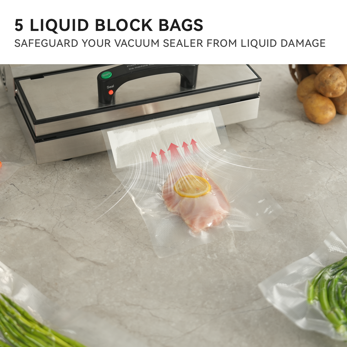 A picture showing the liquid block bag with fresh fish being vacuum sealed and cellulose strip wicking the moisture before it enters the vacuum sealer.