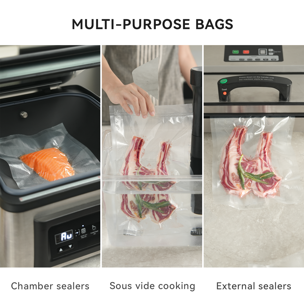 An infographic showing these bags can be used in external (suction-style) sealers, chamber vacuum sealers, and for sous vide cooking.