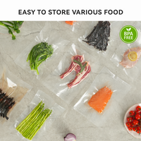 A picture showing the variety of foods that can be vacuum sealed in these bags: asparagus, salmon, lamb chops, broccolini, fish, etc.