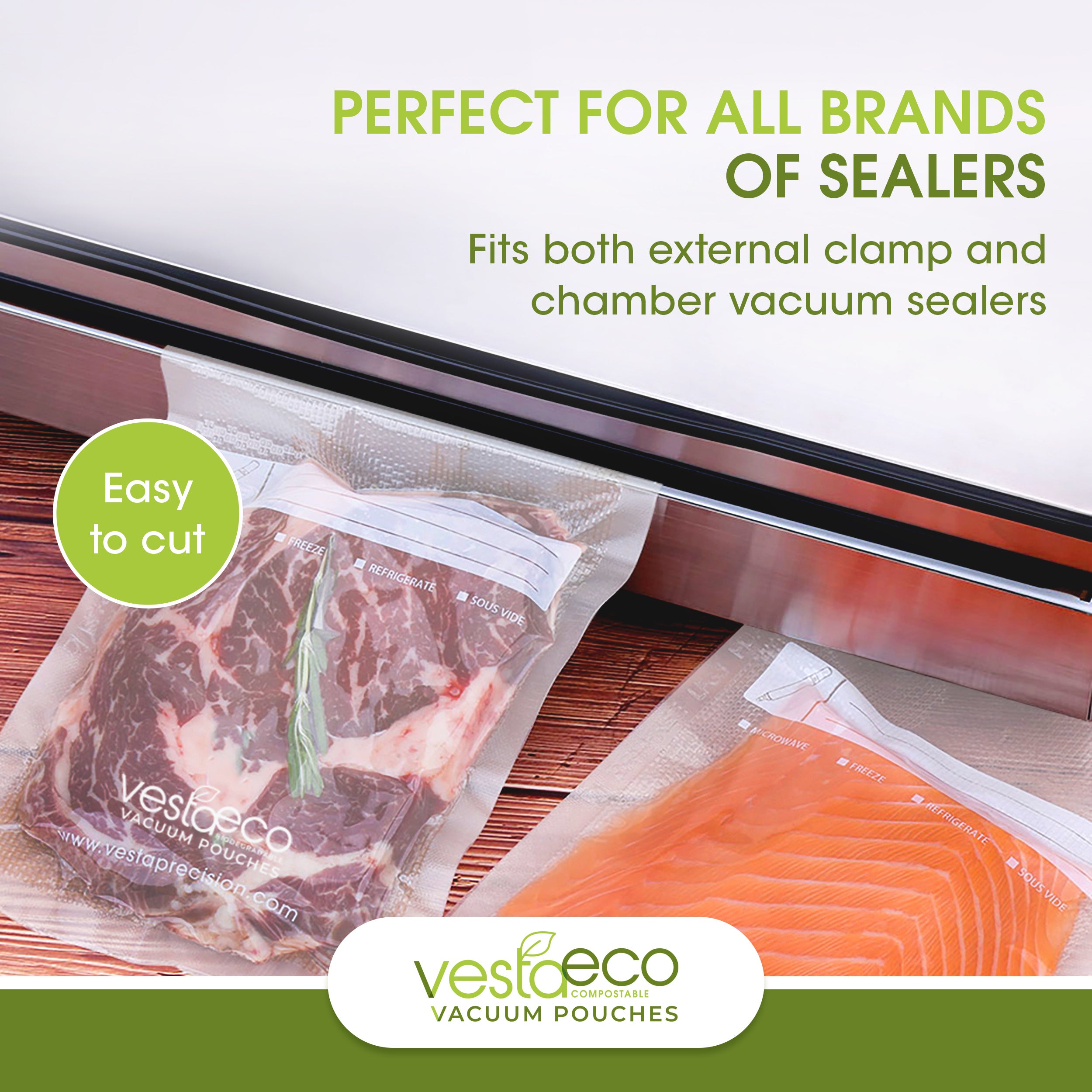 VestaEco Compostable Vacuum Seal Pouches Embossed Vesta Precision