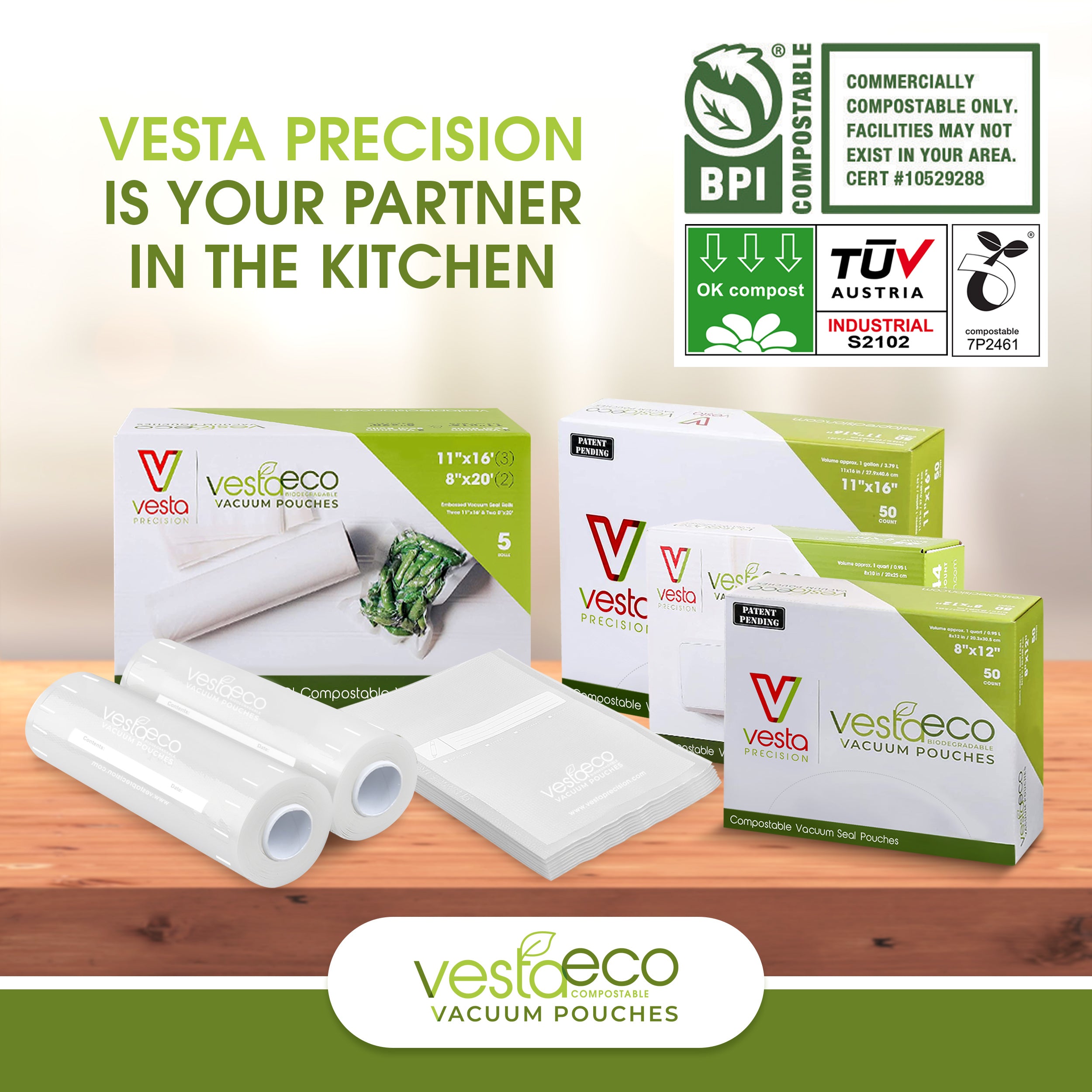 VestaEco Compostable Vacuum Seal Pouches Embossed Vesta Precision