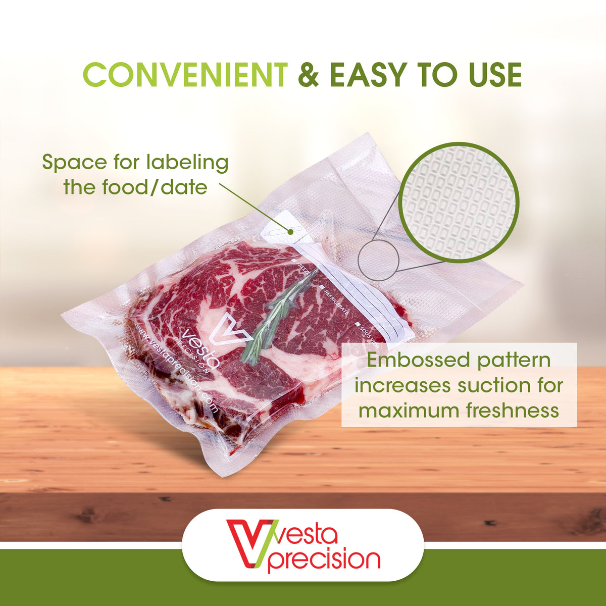  VestaEco Compostable Vacuum Seal Bags, Extend Freshness, Embossed, Certified Compostable, Reduce Waste, 8 x 12 Inches